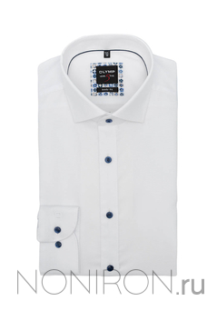 Рубашка Olymp Level Five белая с выделкой и контрастными пуговицами. Рукав 64 см. Body Fit.