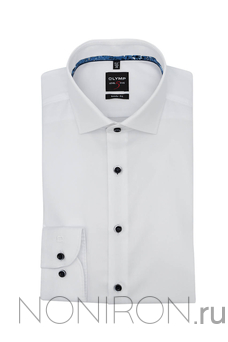 Рубашка Olymp Level Five белая с особым отливом на контрастных пуговицах. Рукав 64 см. Body Fit.