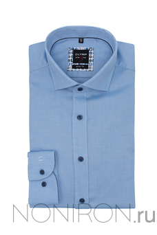 Рубашка Olymp Level Five голубая с выделкой и контрастными пуговицами. Рукав 64 см. Body Fit.