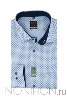 Рубашка Olymp Luxor нежно-голубого цвета c дизайнерским принтом и контрастными воротничком и манжетами. Рукав 64 см. Modern Fit.