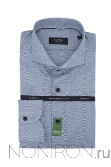Рубашка Olymp Signature c геометрическим дизайнерским плетением ткани в серебристо-синих тонах. Рукав 64 см. Tailored Fit