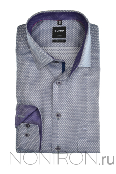 Рубашка Olymp Luxor серая с микро-дизайном и контрастными воротничком и манжетами сиреневого оттенка. Рукав 64 см. Modern Fit.