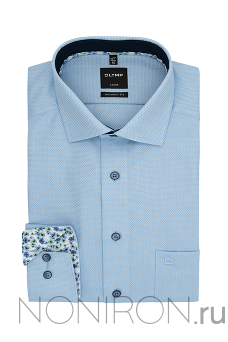 Рубашка Olymp Luxor голубая с выделкой и контрастными манжетами с цветочным принтом. Рукав 64 см. Modern Fit.