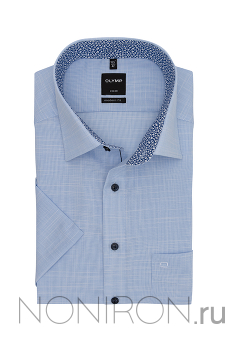 Рубашка Olymp Luxor выраженный голубой меланж с контрастным воротничком. Рукав короткий (лето). Modern Fit.