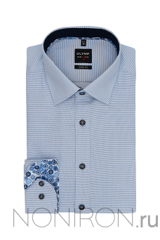 Рубашка Olymp Level Five голубая с выделкой, контрастными манжетами и кантом. Рукав 64 см. Body Fit.