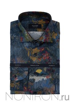 Рубашка Olymp Signature изумрудного цвета с акварельным принтом. Рукав 64 см. Tailored Fit.
