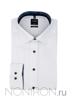Рубашка Olymp Luxor белая с контрастными воротничком и манжетами (1). Рукав 64 см. Modern Fit.