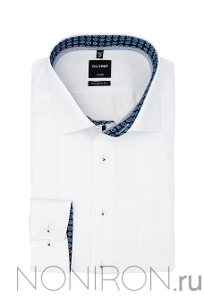 Рубашка Olymp Luxor белая с фигурной выделкой и контрастными воротничком и манжетами. Рукав 64 см. Modern Fit.