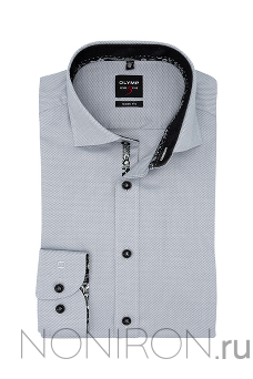Рубашка Olymp Level Five с тонким серебристым отливом с выделкой и контрастными воротничком и манжетами. Рукав 64 см. Body Fit.