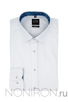 Рубашка Olymp Level Five белая с выделкой и контрастными воротничком и манжетами (1). Рукав 64 см. Body Fit.