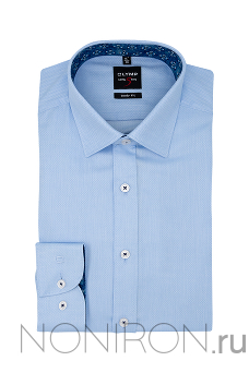 Рубашка Olymp Level Five голубая с выделкой и контрастными воротничком и манжетами (1). Рукав 64 см. Body Fit.