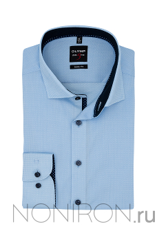 Рубашка Olymp Level Five светло-голубая с выделкой и контрастными воротничком и манжетами (2). Рукав 64 см. Body Fit.