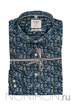 Рубашка Olymp Level Five Smart Business тёмно-синяя с цветочным принтом. Рукав 64 см. Body Fit.